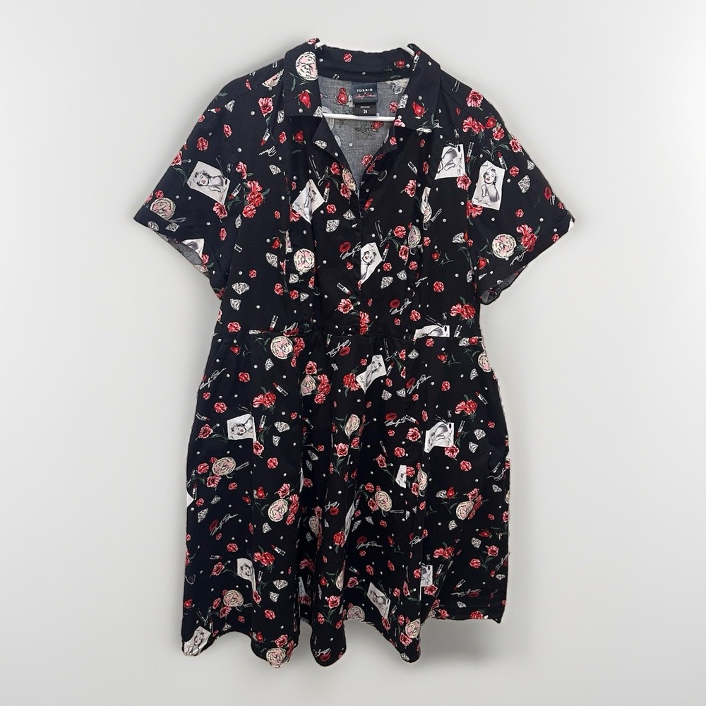 Torrid x Marilyn Monroe Midi Black Retro Button Front Swing Dress 24 50s Cotton